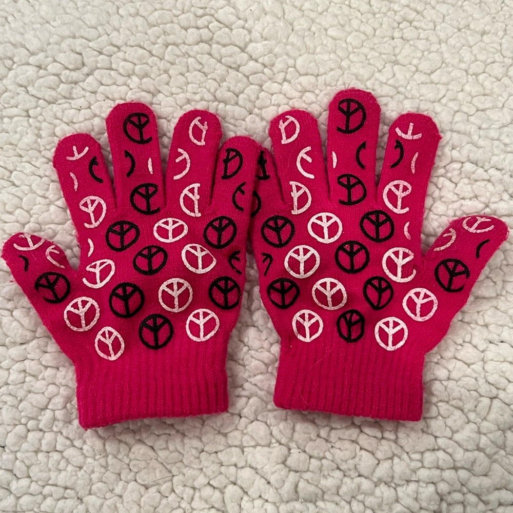winter gloves kids girls magenta peace signs stretchy size S/M